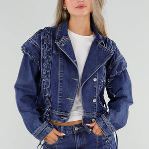 NEW071026 Blauw Denim Jasje met Veterdetails