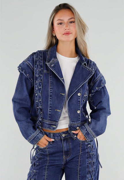 NEW071026 Blauw Denim Jasje met Veterdetails