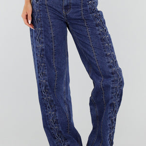 NEW071026 Blauwe Wide Leg Jeans met Veterdetails