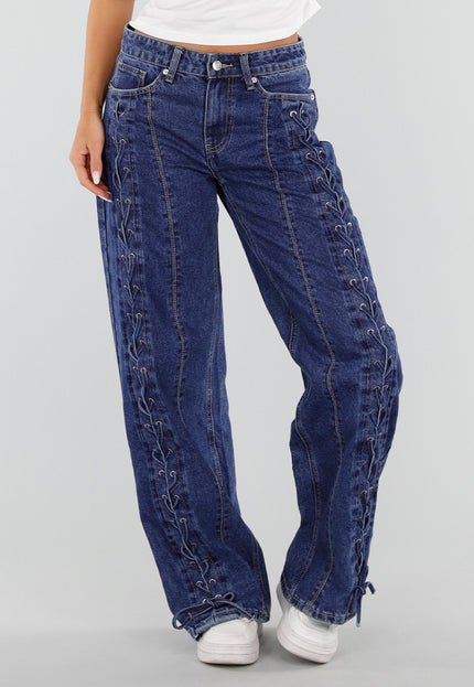 NEW071026 Blauwe Wide Leg Jeans met Veterdetails