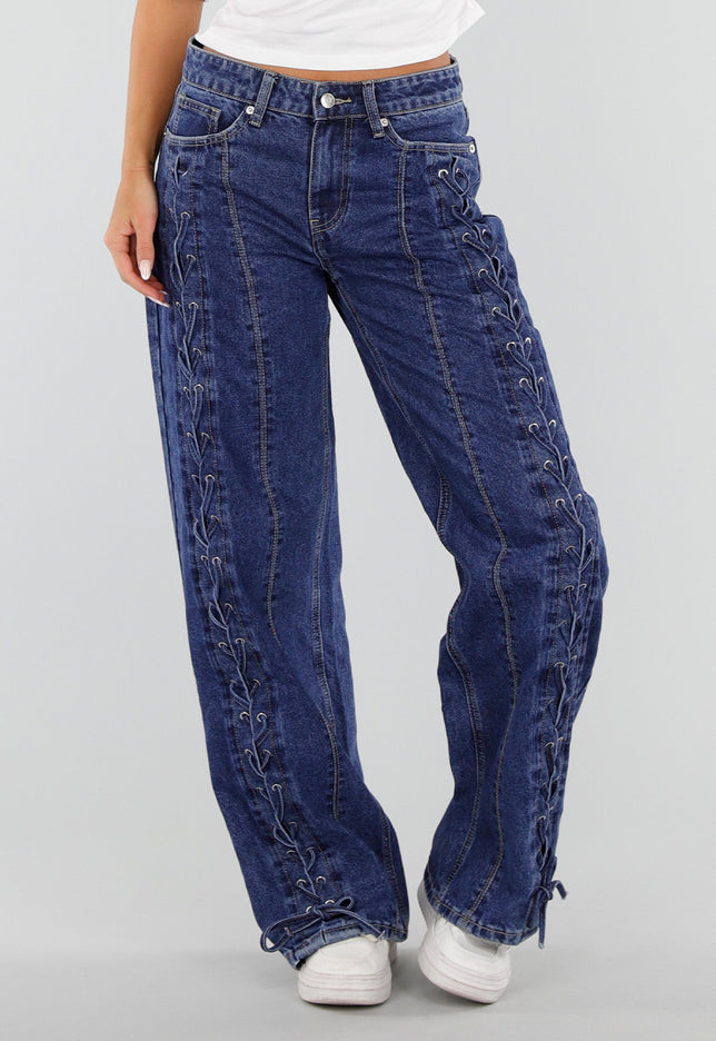 NEW071026 Blauwe Wide Leg Jeans met Veterdetails