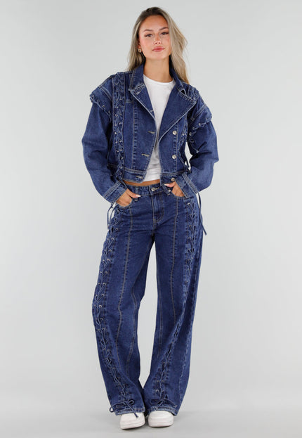 NEW071026 Blauwe Wide Leg Jeans met Veterdetails