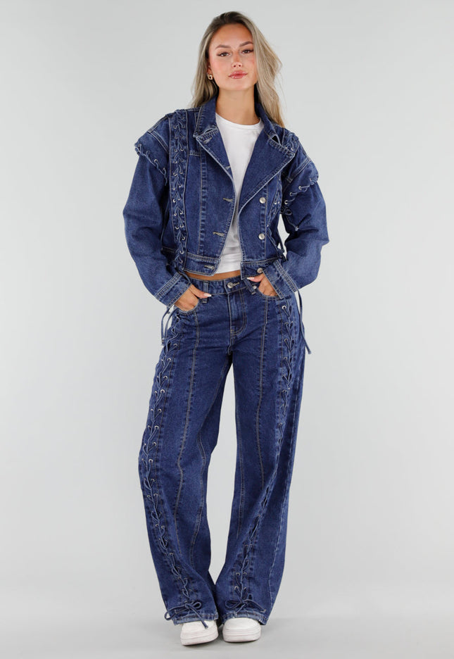 NEW071026 Blauwe Wide Leg Jeans met Veterdetails