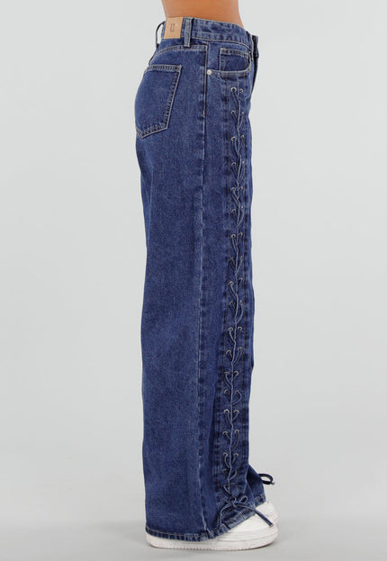 NEW071026 Blauwe Wide Leg Jeans met Veterdetails