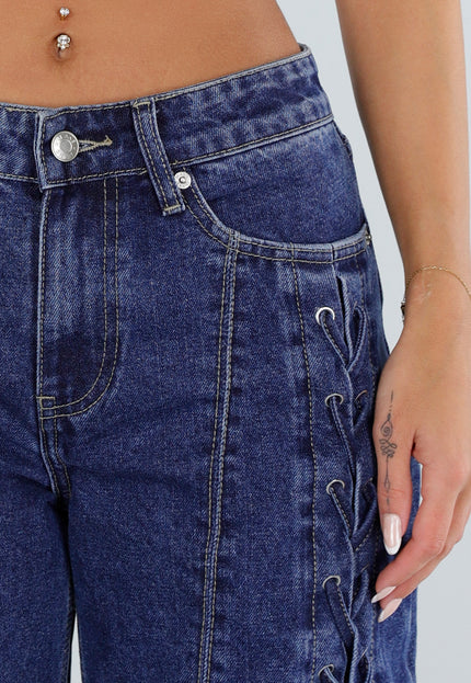 NEW071026 Blauwe Wide Leg Jeans met Veterdetails