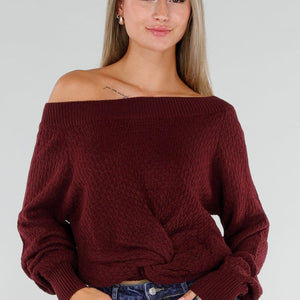 NEW071026 Bordeaux Gebreide One Shoulder Trui met Twist