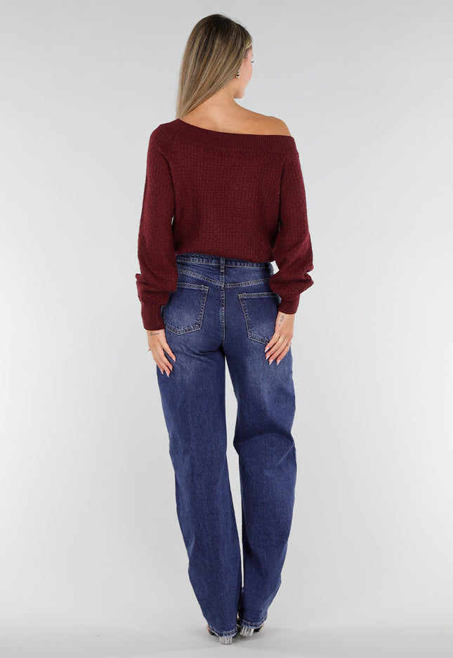 NEW071026 Bordeaux Gebreide One Shoulder Trui met Twist