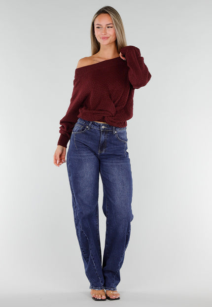 NEW071026 Bordeaux Gebreide One Shoulder Trui met Twist