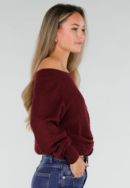 NEW071026 Bordeaux Gebreide One Shoulder Trui met Twist