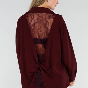 NEW071026 Bordeaux Lange Blouse met Kanten Rug