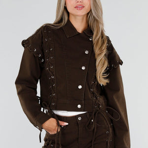 NEW071026 Bruin Denim Jasje met Veterdetails