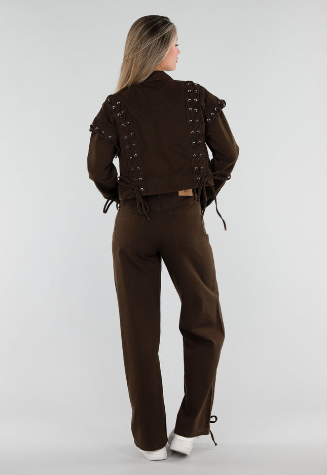 NEW071026 Bruin Denim Jasje met Veterdetails