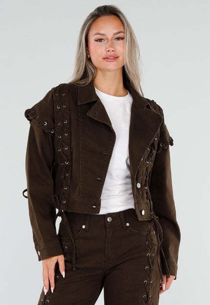 NEW071026 Bruin Denim Jasje met Veterdetails