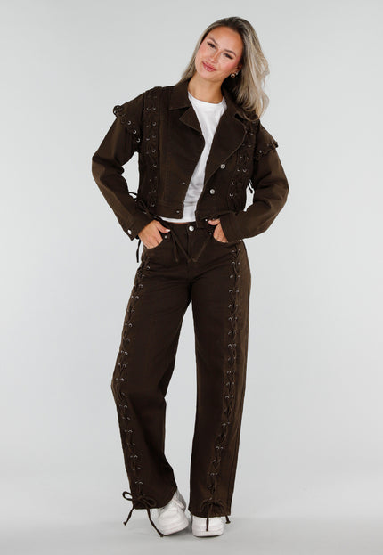 NEW071026 Bruin Denim Jasje met Veterdetails