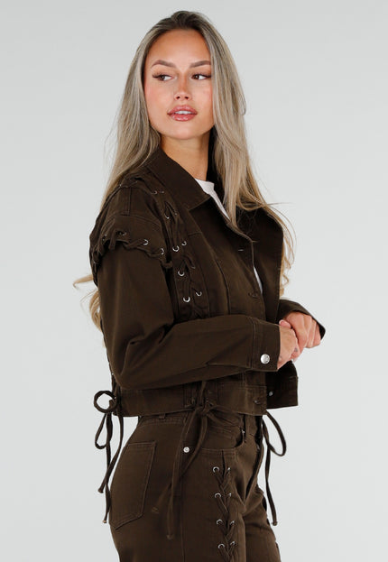 NEW071026 Bruin Denim Jasje met Veterdetails