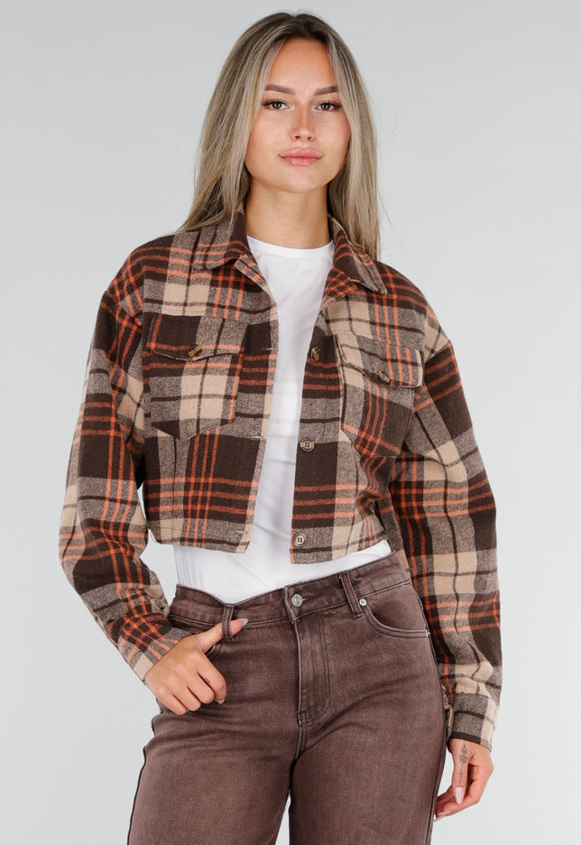 NEW071026 Bruin Geruit Kort Overshirt met Zakken