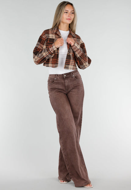 NEW071026 Bruin Geruit Kort Overshirt met Zakken