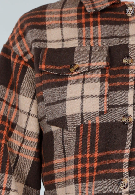 NEW071026 Bruin Geruit Kort Overshirt met Zakken