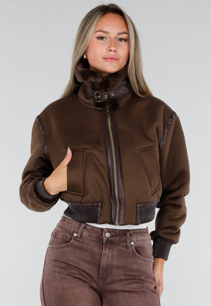 NEW071026 Bruin Kort Jasje met Faux Fur Kraag