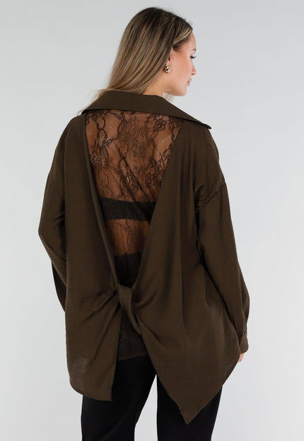 NEW071026 Bruine Lange Blouse met Kanten Rug