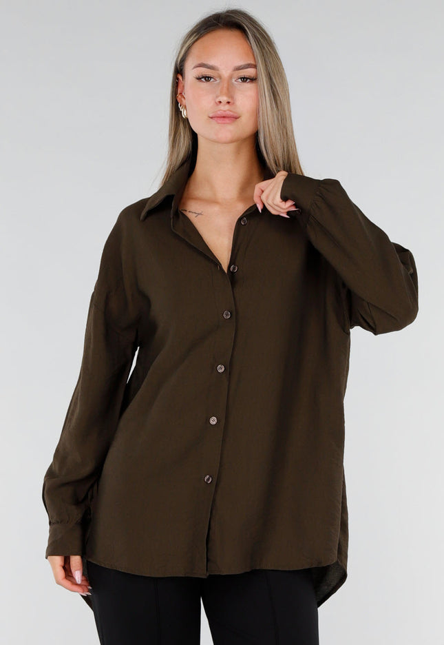 NEW071026 Bruine Lange Blouse met Kanten Rug
