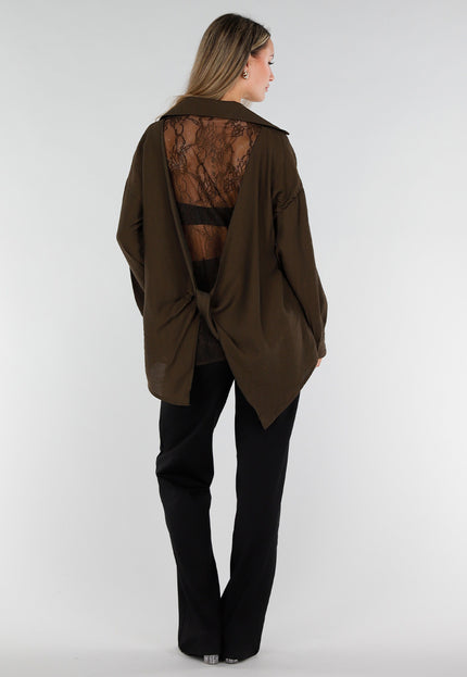 NEW071026 Bruine Lange Blouse met Kanten Rug