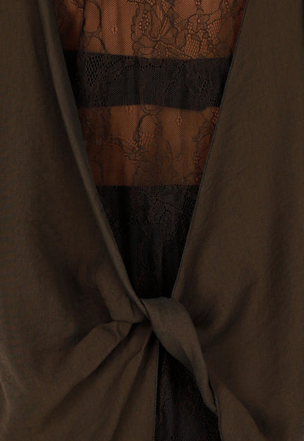 NEW071026 Bruine Lange Blouse met Kanten Rug