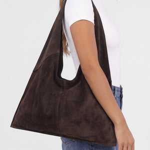NEW071026 Bruine Lederen Suède Hobo Schoudertas Groot