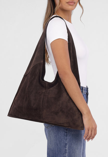 NEW071026 Bruine Lederen Suède Hobo Schoudertas Groot