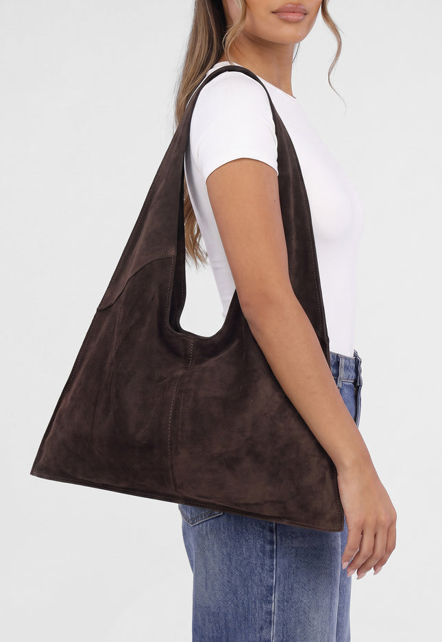 NEW071026 Bruine Lederen Suède Hobo Schoudertas Groot