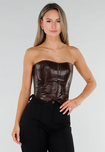 NEW071026 Bruine Lederlook Corset Top met Veter
