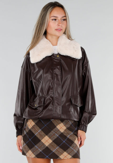 NEW071026 Bruine Lederlook Jas met Zachte Kraag