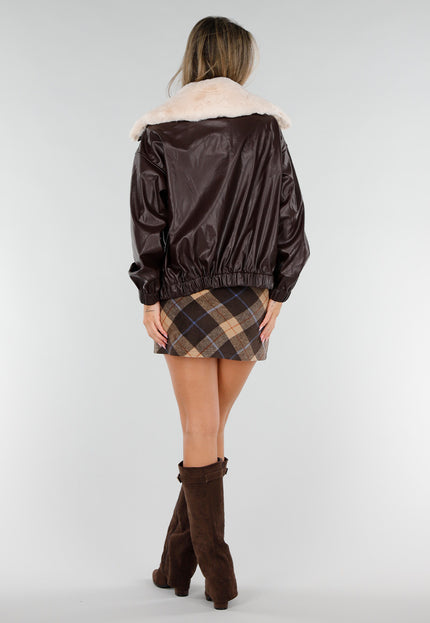 NEW071026 Bruine Lederlook Jas met Zachte Kraag