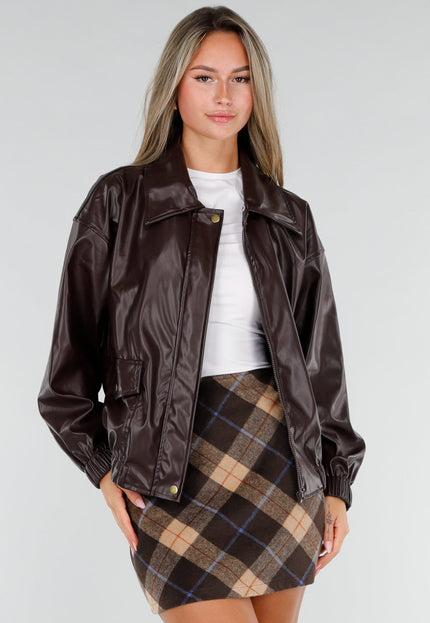 NEW071026 Bruine Lederlook Jas met Zachte Kraag