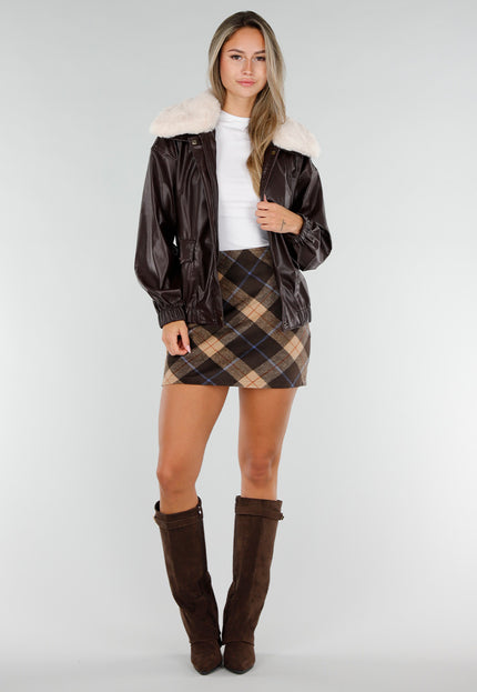 NEW071026 Bruine Lederlook Jas met Zachte Kraag