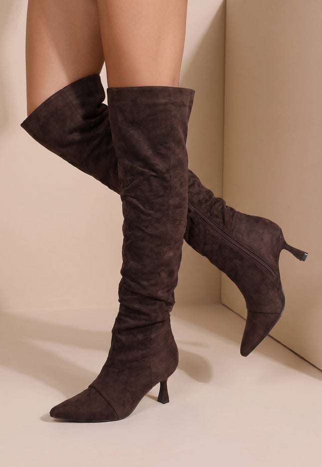 NEW071026 Bruine Overknee Laarzen met Puntige Neus
