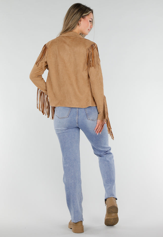 NEW071026 Bruine Suedelook Blouse met Franjes