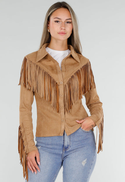 NEW071026 Bruine Suedelook Blouse met Franjes