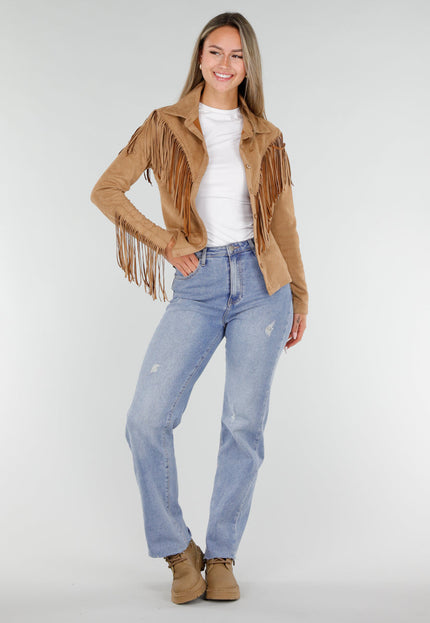 NEW071026 Bruine Suedelook Blouse met Franjes