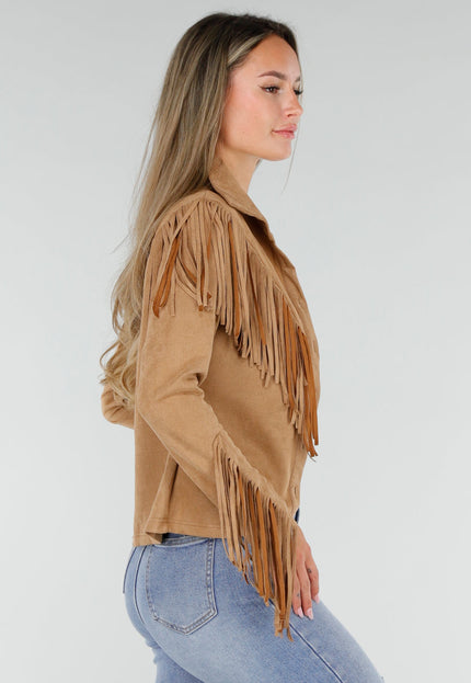 NEW071026 Bruine Suedelook Blouse met Franjes