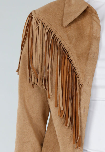 NEW071026 Bruine Suedelook Blouse met Franjes