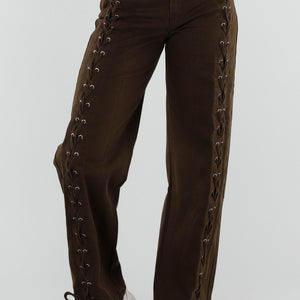 NEW071026 Bruine Wide Leg Jeans met Veterdetails