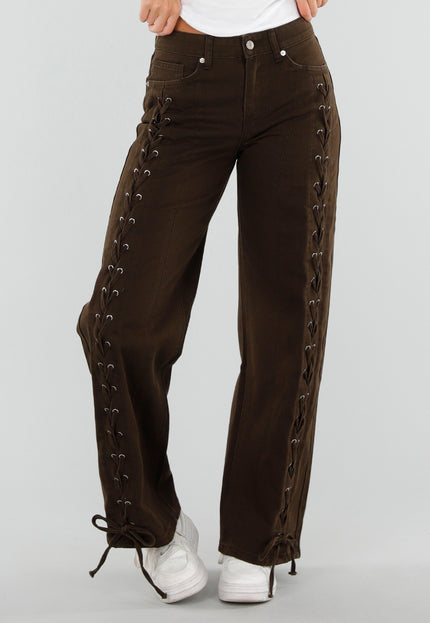 NEW071026 Bruine Wide Leg Jeans met Veterdetails