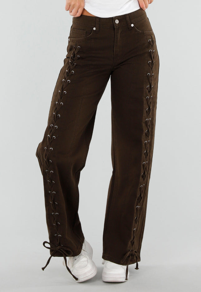 NEW071026 Bruine Wide Leg Jeans met Veterdetails