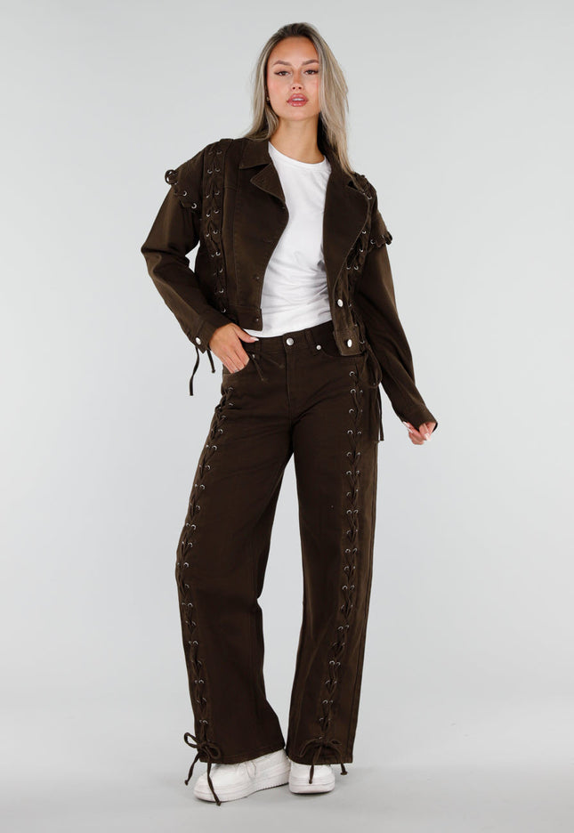 NEW071026 Bruine Wide Leg Jeans met Veterdetails