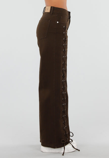 NEW071026 Bruine Wide Leg Jeans met Veterdetails