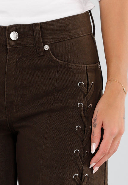NEW071026 Bruine Wide Leg Jeans met Veterdetails