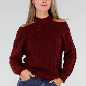 NEW071026 Burgundy Trui met Open Schouders