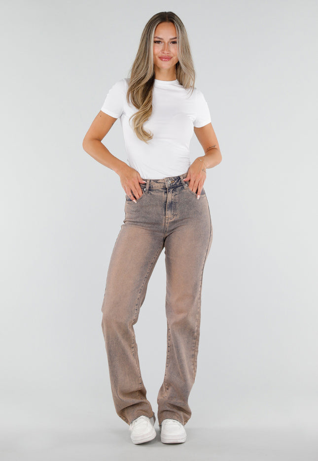 NEW071026 Dirty Beige High Waist Tall Jeans met Stretch