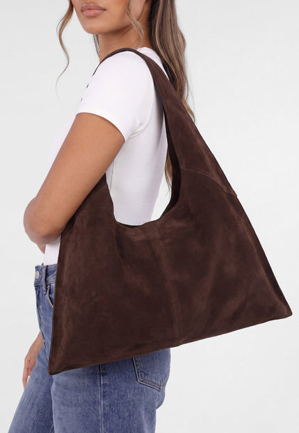 NEW071026 Donkerbruine Echt Suède Hobo Schoudertas
